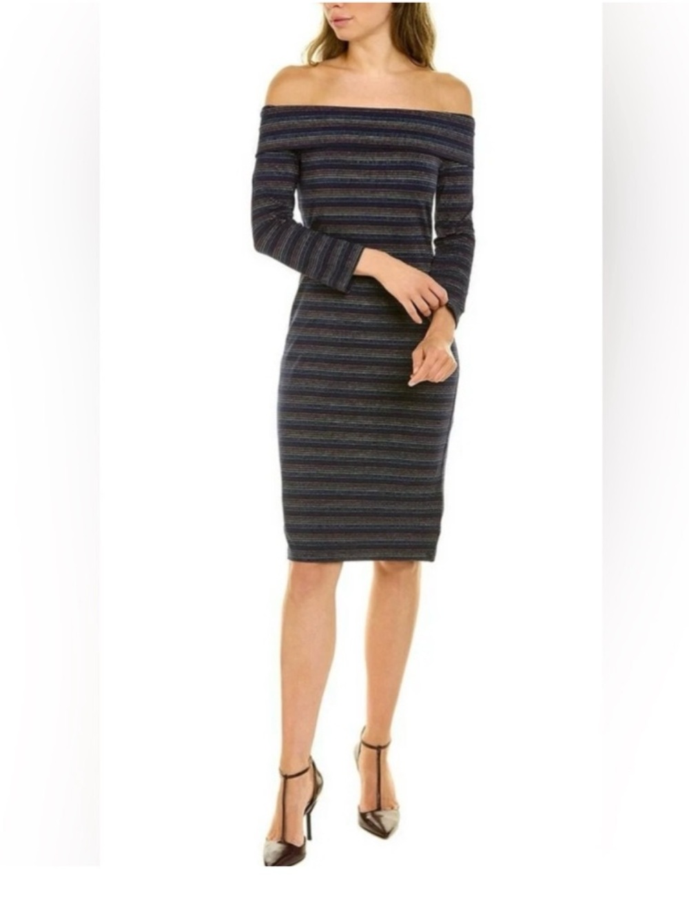 Trina Turk Off the Shoulder Conch Dress Bodycon Metallic Rainbow Stripe Large